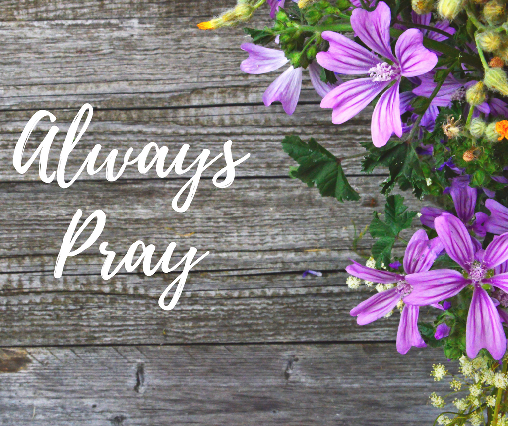 Always Pray with purple flowers on a wood background 