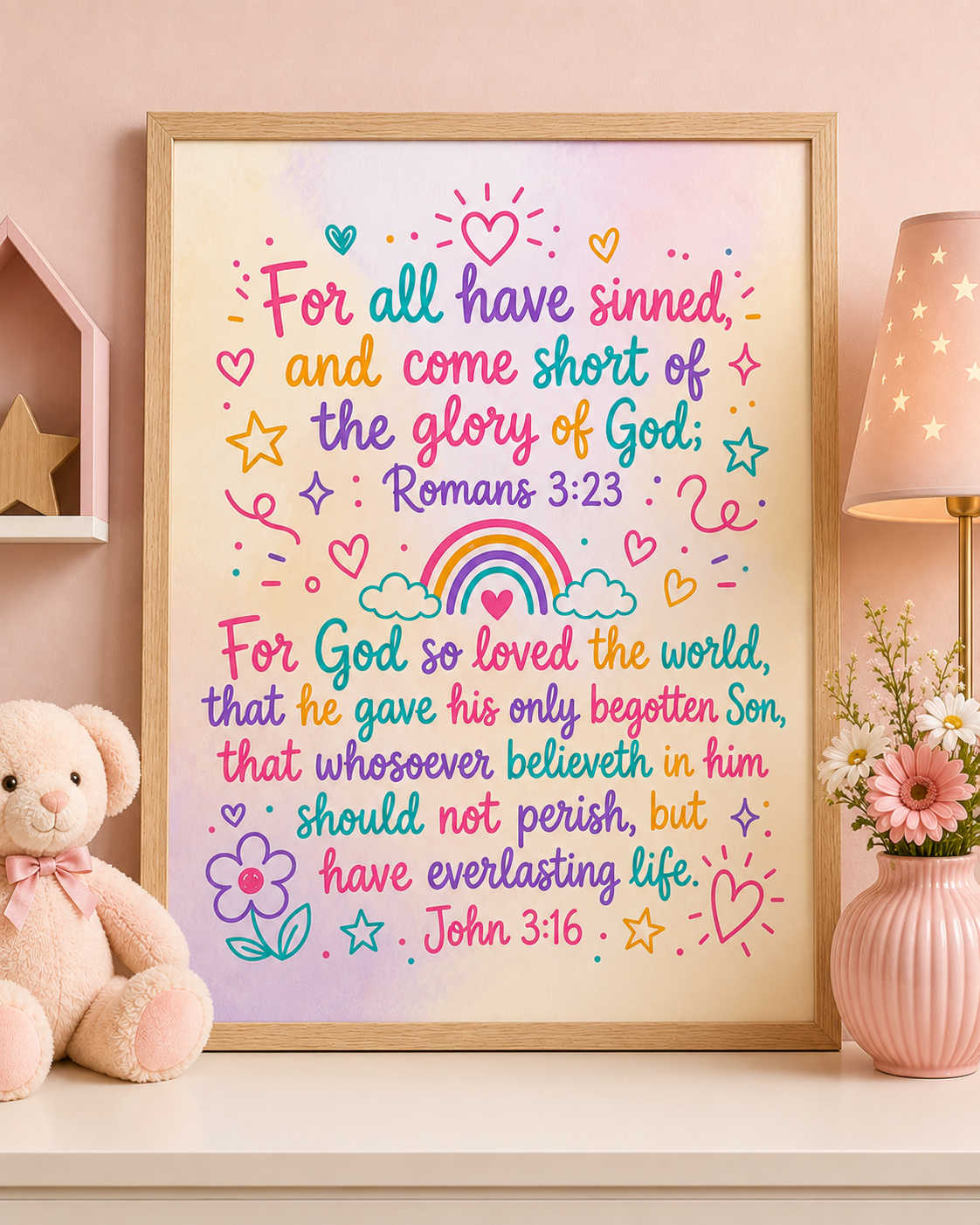 John 3:16 & Romans 3:23 KJV Christian Art Print for Kids – 11×14 Bible Verse Wall Décor