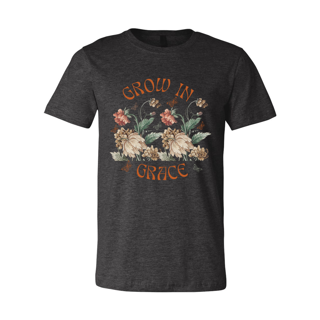 Grow in Grace Unisex Dark Grey T-Shirt with Flowers and Butterflies
