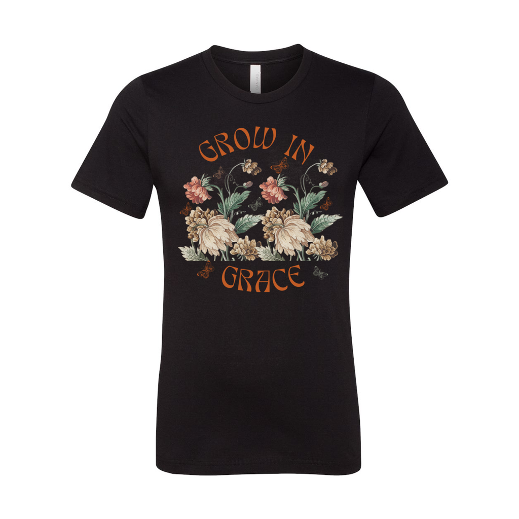 Grow in Grace Unisex Black T-Shirt with Flowers and Butterflies