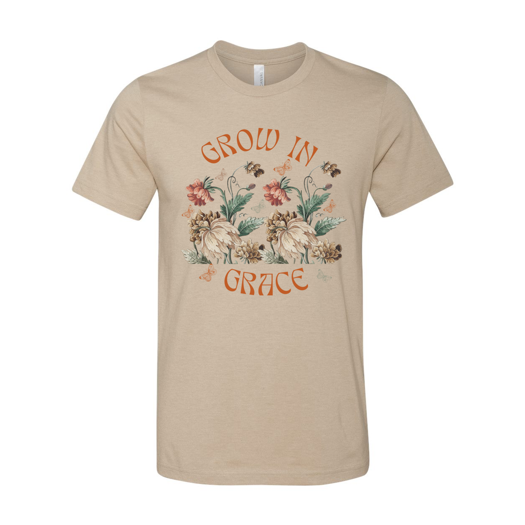 Grow in Grace Unisex Tan T-Shirt with Flowers and Butterflies