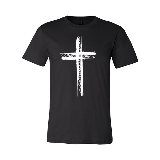 Black Cross Christian T-Shirt with white slightly faded cross on the front.