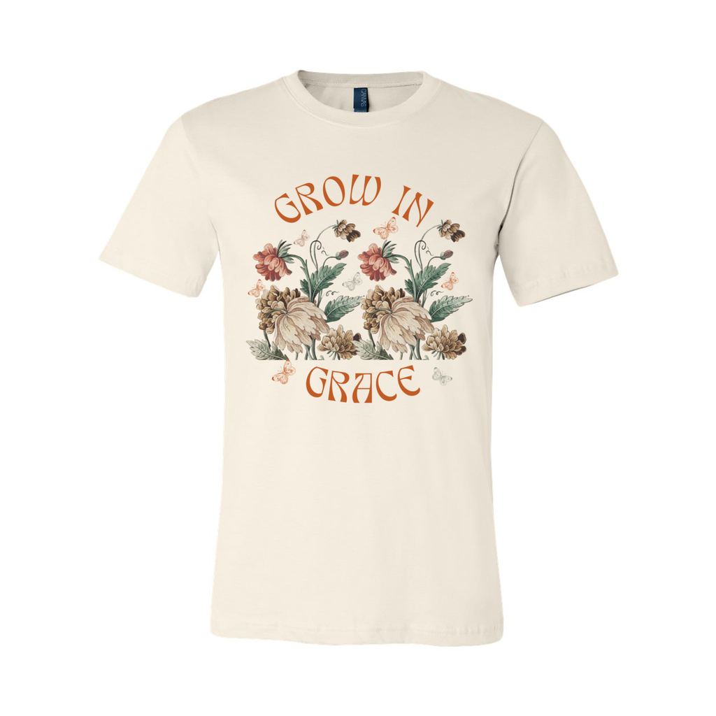 Grow in Grace Unisex Natural T-Shirt with Flowers and Butterflies